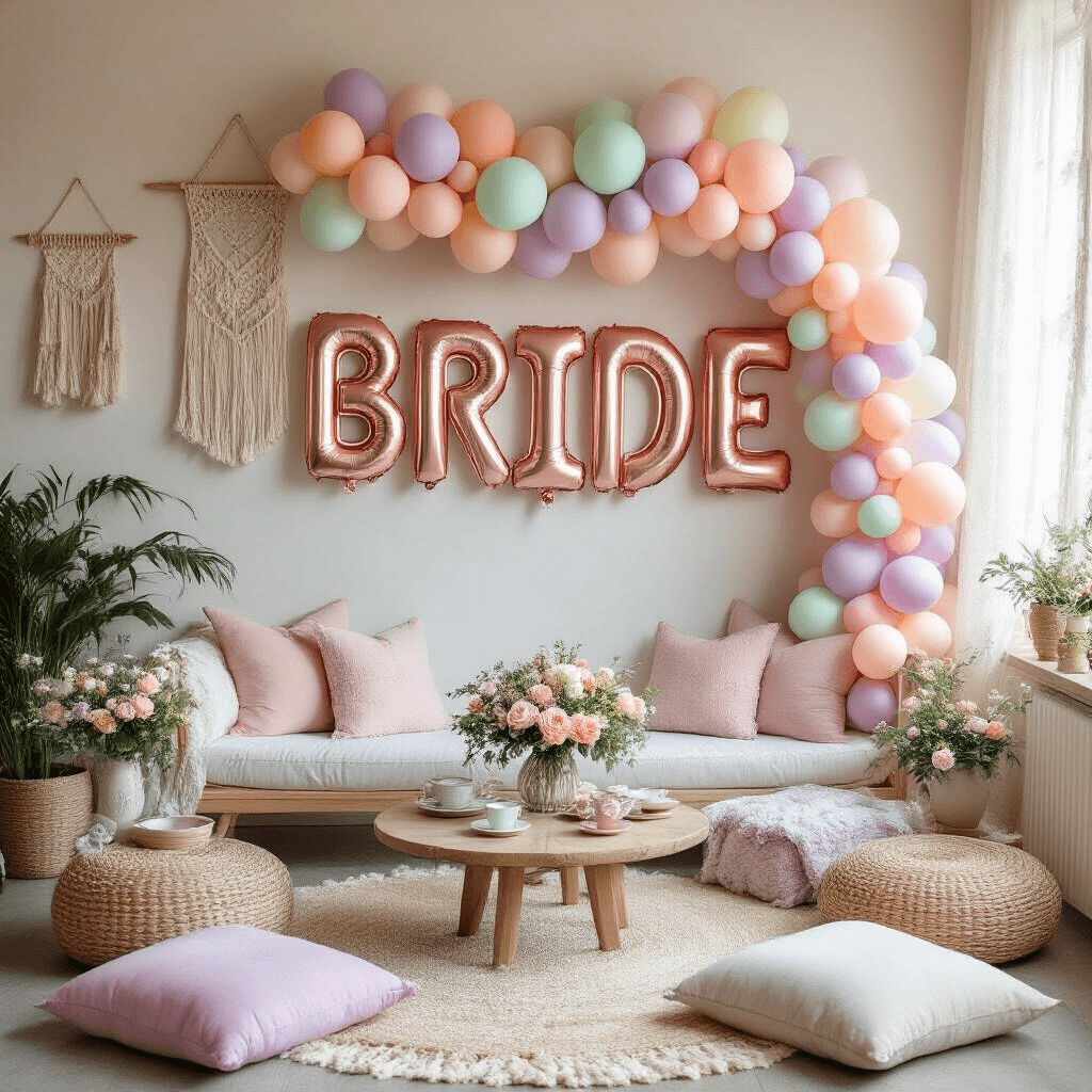 A cozy living room styled for a bridal shower with pastel watercolor balloons, an oversized 'BRIDE' balloon bouquet, soft lavender, mint, and peach balloon garland, plush floor cushions, low tables with vintage teacups and flower posies, macramé wall hangings, and potted plants, all bathed in natural morning light.