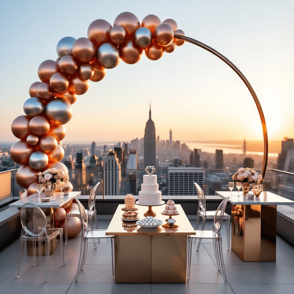 Chic rooftop terrace at golden hour with metallic balloon installation framing the skyline, high cocktail tables with marble tops and ghost chairs, and a mirrored dessert station featuring macarons and an engagement ring cake.