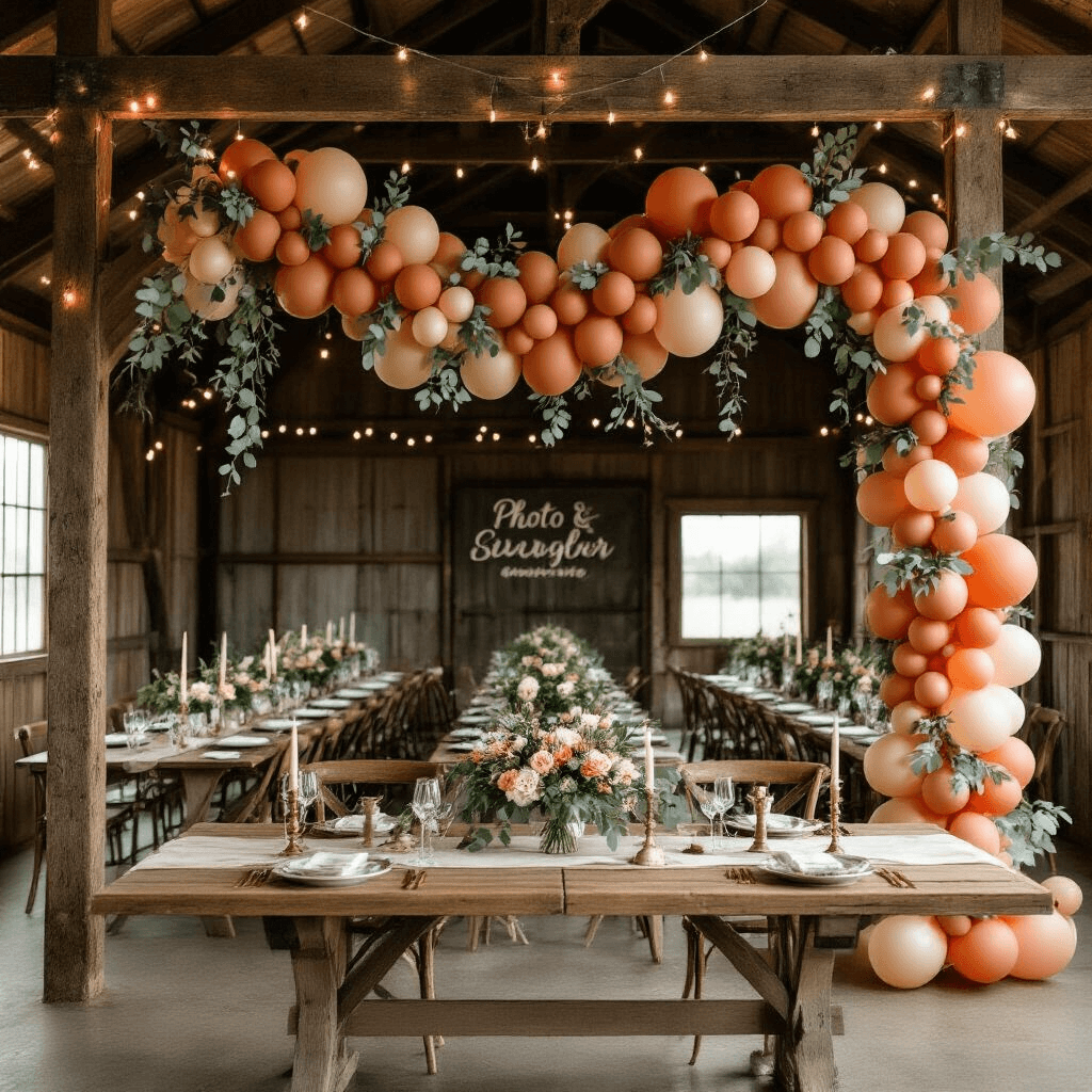 A beautifully decorated rustic barn interior for a bridal shower, featuring an earthy balloon garland in terracotta and sage, intertwined with fairy lights and eucalyptus. Long farmhouse tables are adorned with linen runners, vintage china, and brass candlesticks, while a DIY photo booth area showcases a balloon-framed Polaroid display and hand-lettered signage, all captured in moody ambient lighting.