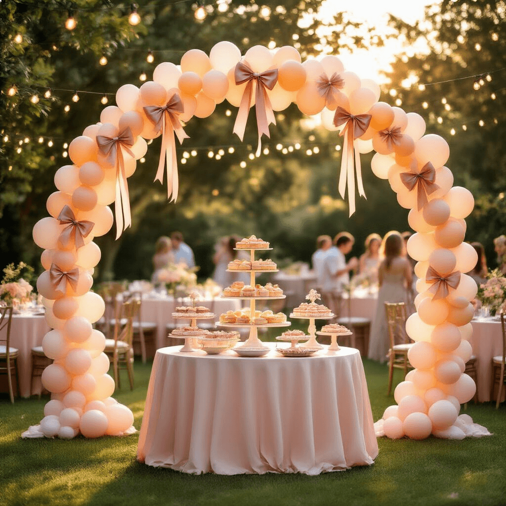 A sunlit garden party at golden hour featuring a whimsical balloon arch with satin bows framing a dessert table of tiered cakes and pastries, surrounded by round tables with blush pink linens and floating balloons, under twinkling fairy lights as guests mingle on the lawn.