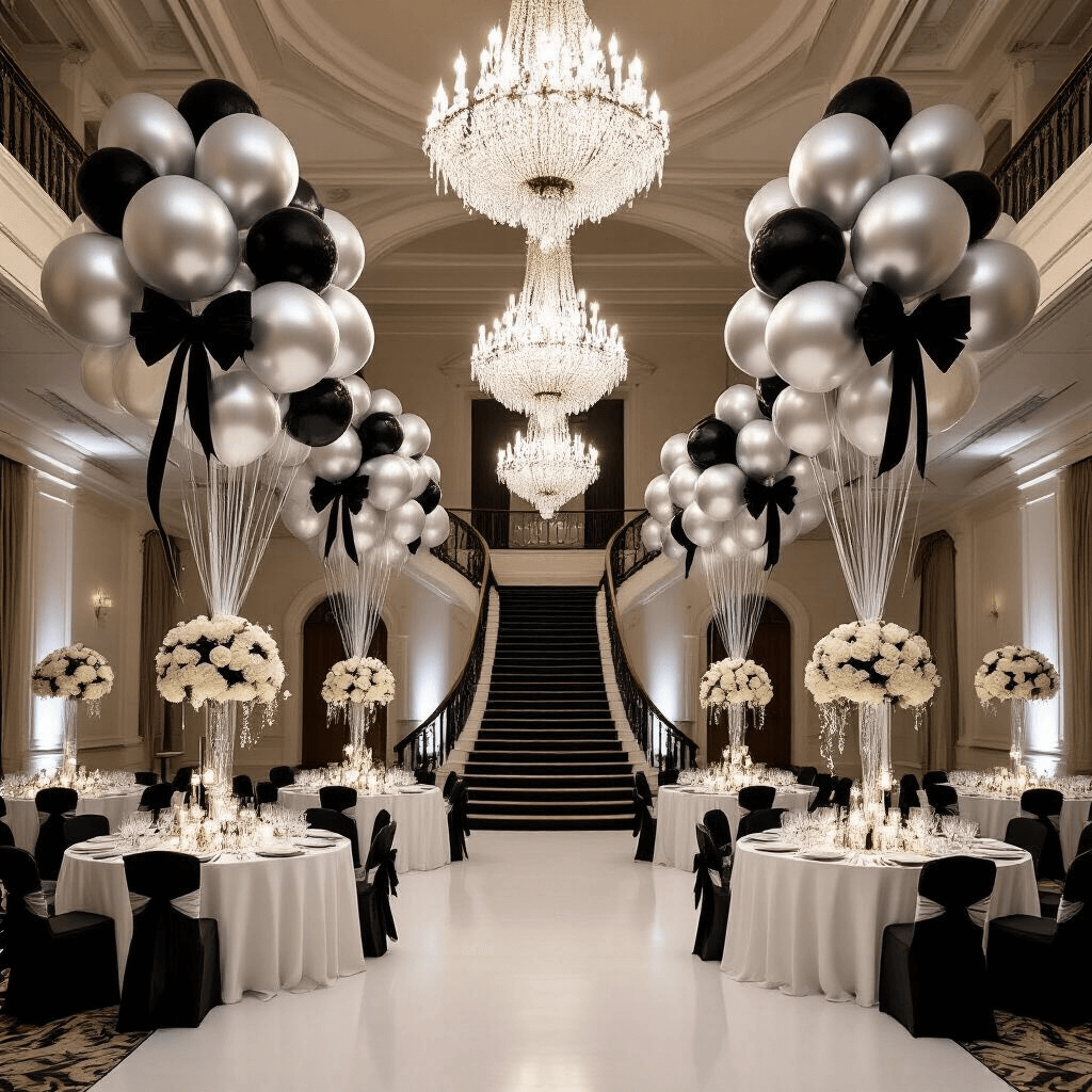 An opulent indoor ballroom for a black-tie gala, featuring soaring ceilings with massive chandeliers adorned with silver balloons and black velvet bows, long tables with white linens and crystal vases of white roses, and a grand staircase draped in a cascading balloon garland with bows, captured from a low angle.