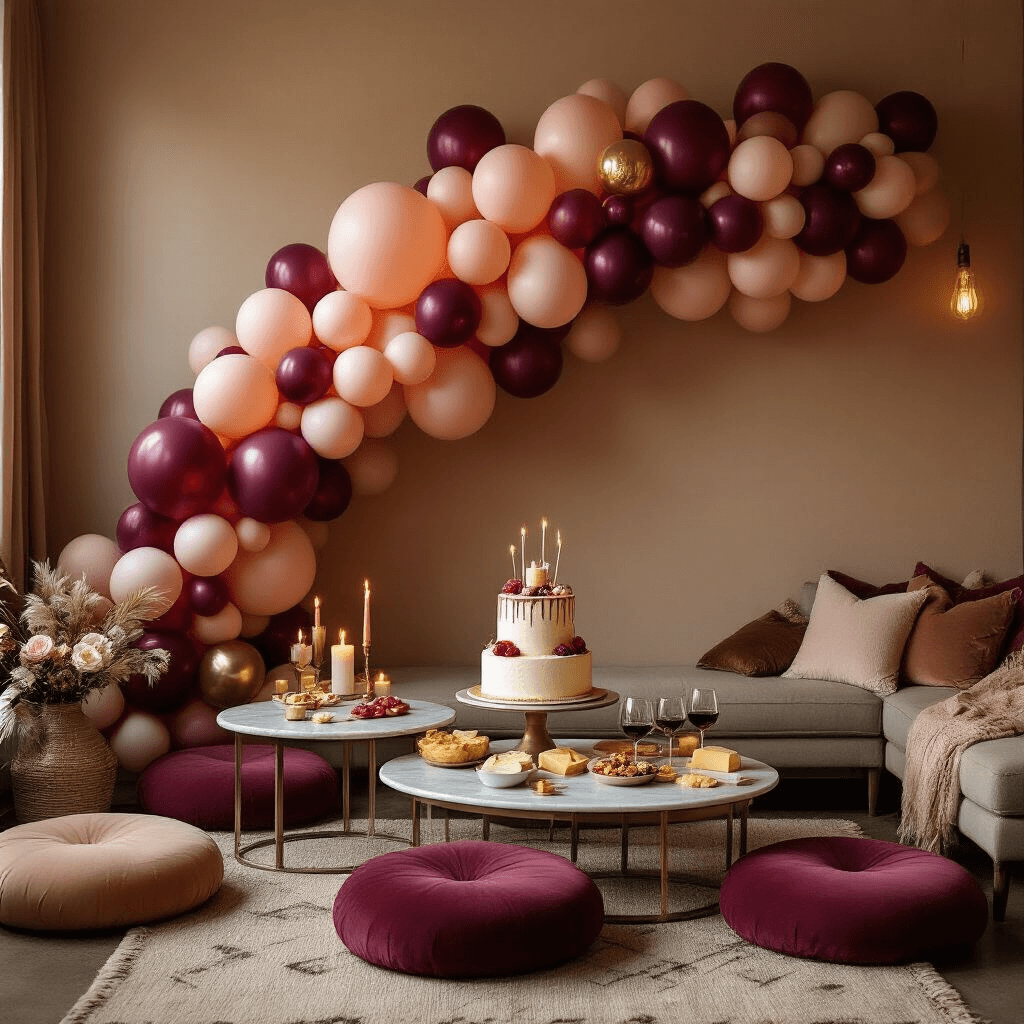 A cozy living room decorated for a birthday celebration, featuring a gradient balloon installation from blush to deep burgundy, low tables with cheese and wine spreads, and a marble-topped bar cart holding a statement birthday cake, all illuminated by warm candlelight.