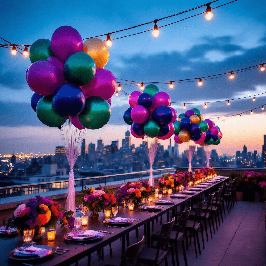 A vibrant rooftop terrace party at twilight, featuring jewel-toned balloon bouquets and oversized tulle bows, string lights overhead, sleek high-top tables with modern floral arrangements, and a neon 'Celebrate' sign against a city skyline.