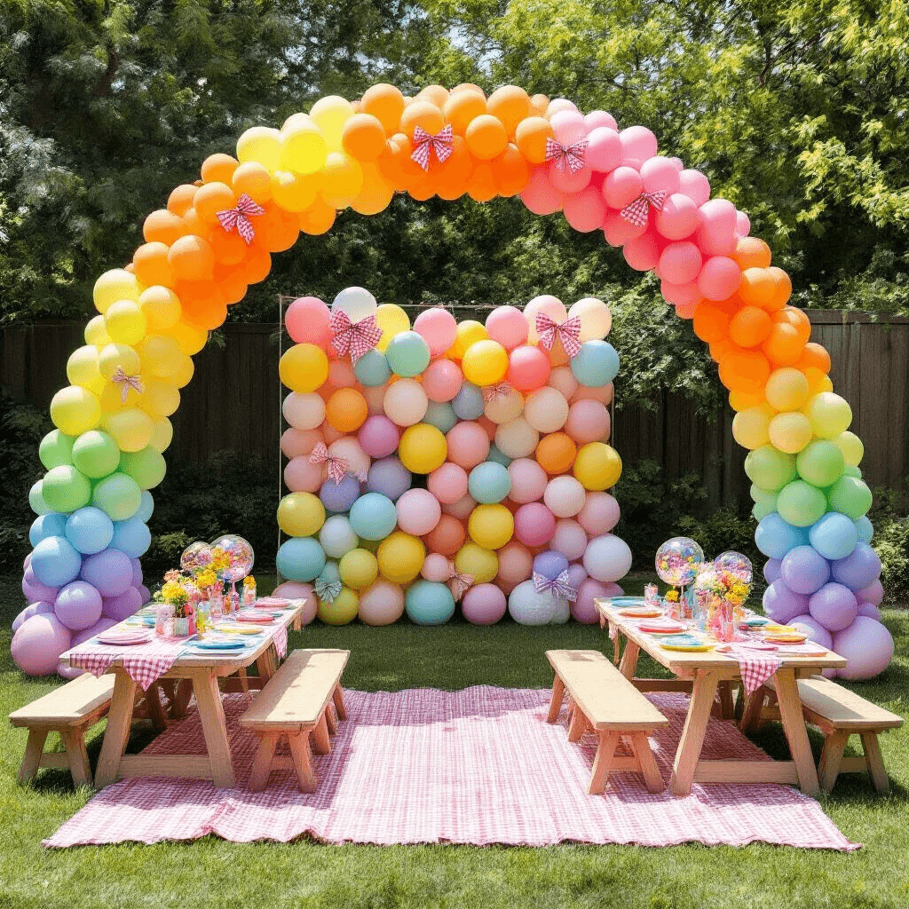 A whimsical children's birthday party in a sunlit backyard, featuring a rainbow balloon arch with gingham bows, colorful picnic blankets with low tables, confetti-filled balloons as centerpieces, and a DIY photo booth backdrop with pastel balloon decorations and paper bows, captured from an elevated angle.