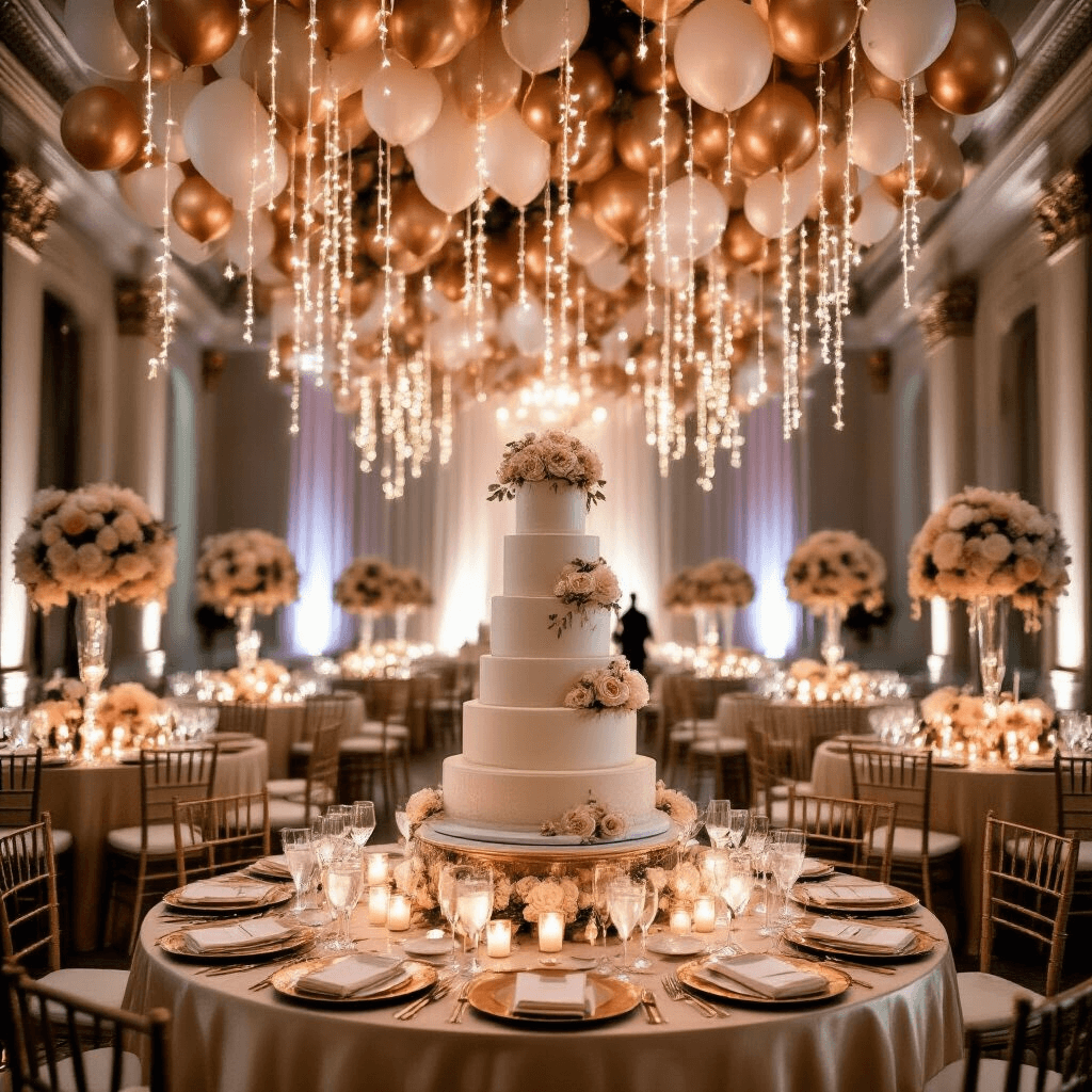 A lavish wedding reception ballroom with soaring ceilings, rose gold balloon garlands, champagne silk table linens, and towering blush and ivory floral centerpieces, featuring a grand 5-tier marble cake surrounded by candles and rose petals, all illuminated by soft evening light.