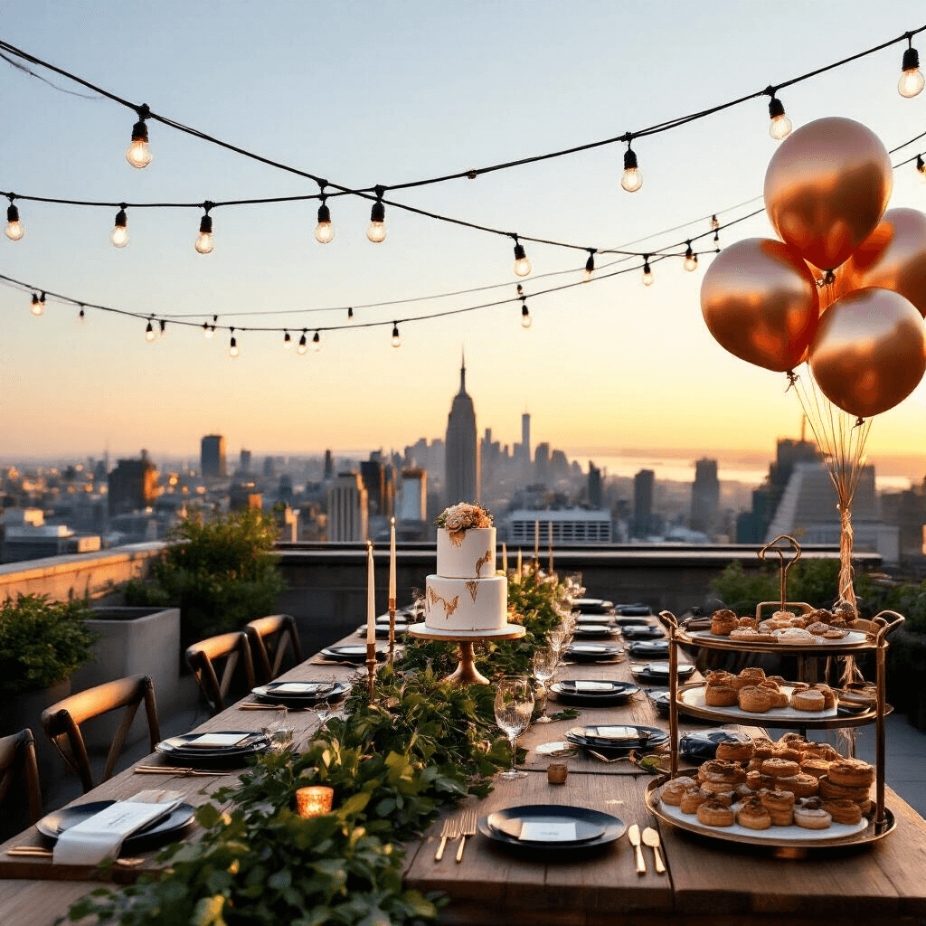 An intimate rooftop terrace at sunset, set for a milestone birthday celebration, featuring string lights overhead, long farm tables with greenery runners and brass candleholders, elegant place settings, and a dessert cart filled with pastries and a cake adorned with metallic rose gold balloons, captured from an elevated angle.