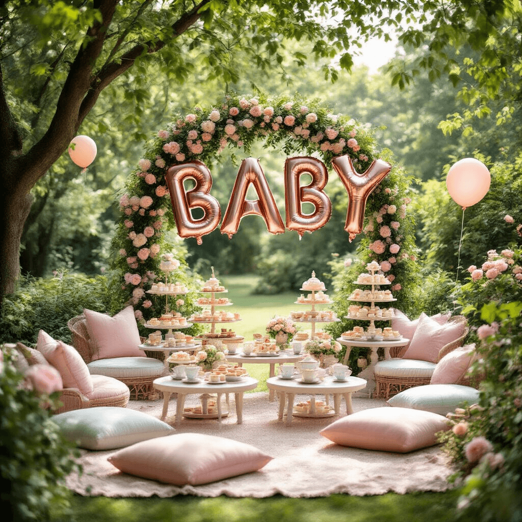 A whimsical garden baby shower scene with dappled sunlight filtering through tree branches, featuring low tables and plush pastel cushions, rose gold 'BABY' balloons, flower-covered arch, tiered stands of tea sandwiches and petits fours, and vintage teacups amid lush greenery.