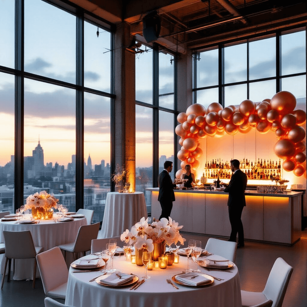 A chic cocktail party in a modern loft with sunset views, featuring high-top tables with white linens, geometric brass centerpieces, a statement bar with ombré rose gold balloons, and servers with champagne and hors d'oeuvres, captured from a low angle.