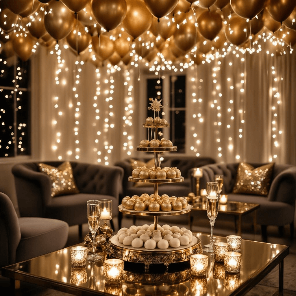 A cozy living room elegantly styled for New Year's Eve, featuring twinkling fairy lights, metallic balloons, a dessert table with a champagne tower and clock-faced cake, velvet armchairs, cocktail tables with sequin pillows, and crystal candle holders, all creating a warm and inviting atmosphere.