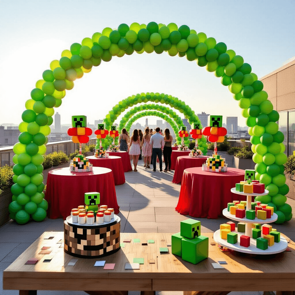 A vibrant rooftop terrace decorated in a Minecraft theme, featuring a green and red balloon arch, pixel-patterned table runners with mini character figurines, and a dessert cart with block-shaped treats and a dirt block cake, all under soft morning light.