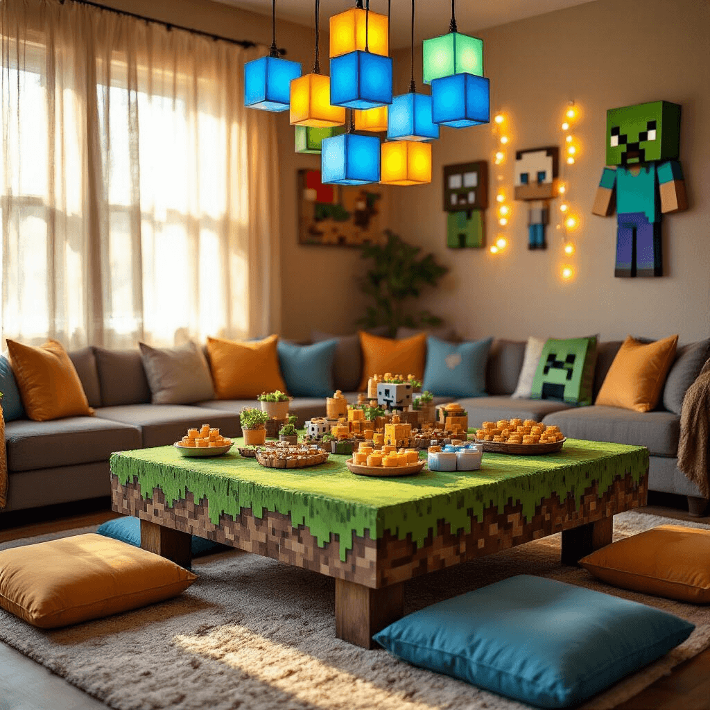 A cozy living room during golden hour featuring a Minecraft-themed coffee table with pixelated snacks, surrounded by colorful floor cushions and decorated with character cutouts and string lights.