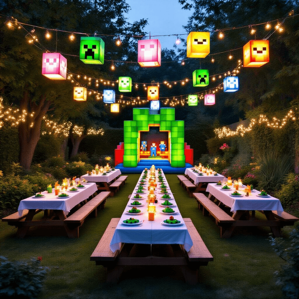 A beautifully arranged Minecraft-themed garden party at twilight, featuring picnic tables in a sword shape, glowing lanterns, Creeper napkins, floating block-patterned balloons, a Nether portal photo booth with balloon Endermen, and a distant bouncy castle.