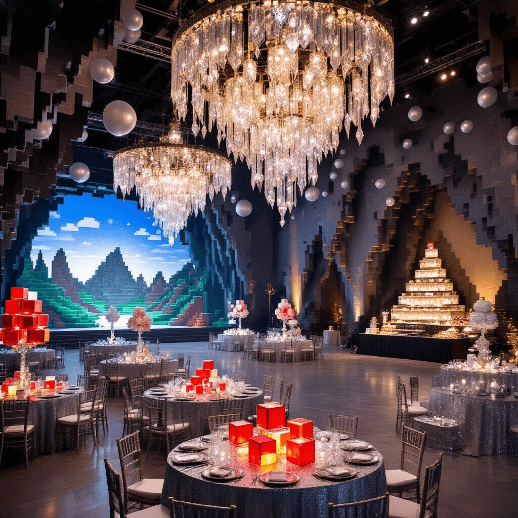 An enchanting ballroom transformed into a Minecraft-inspired cave, featuring shimmering tables, diamond ore balloon sculptures, a mineshaft dessert station, and a vibrant balloon mosaic of a Minecraft landscape, all illuminated with soft ambient lighting.