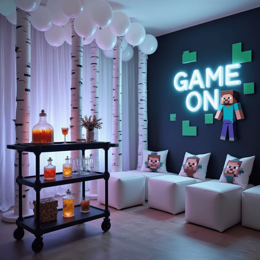 A modern minimalist apartment transformed into a chic Minecraft party venue, featuring a stylish bar cart styled as a brewing stand with potion-inspired cocktails, white balloon columns resembling birch trees, low modular seating with pixel-art throw pillows, cube-shaped balloon ottomans, a large balloon pixel art mural of Steve and Alex, and neon signage reading 'Game On'.