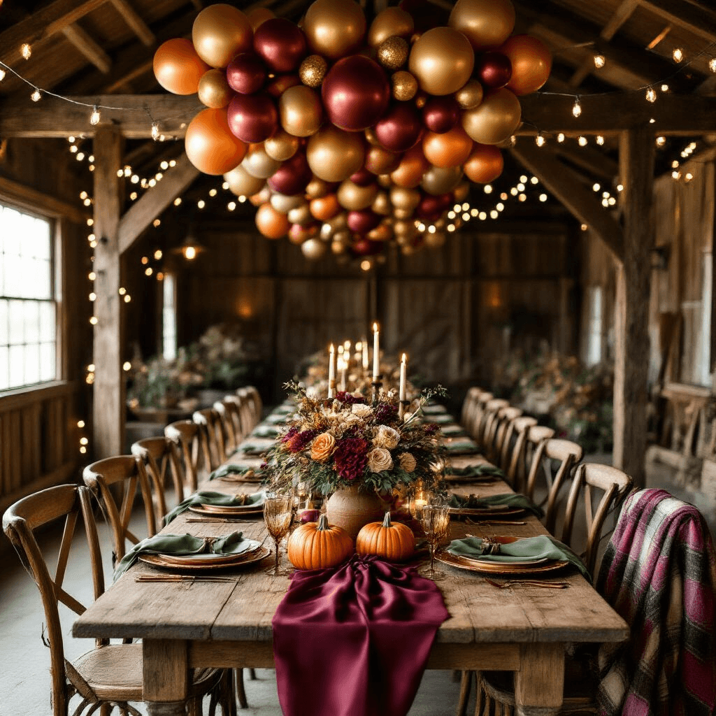 Mastering Foil Balloons: The Ultimate Guide to Stunning Event Decor Cozy autumn dinner party in a rustic barn with wooden beams draped in fairy lights and burgundy ribbons, a farmhouse table set with terracotta linens and sage green napkins, featuring floral centerpieces, heirloom pumpkins, and candles, beneath a copper and gold balloon canopy, with wooden chairs and plaid blankets in warm, moody lighting.