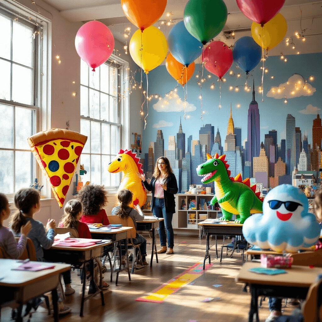 A whimsical classroom resembling a miniature Broadway, with colorful handmade parade balloons floating above desks, illuminated by soft morning light. Excited students showcase their creations in front of a hand-painted New York City skyline, adorned with fairy lights. A teacher gestures towards a tape-marked 'parade route' on the floor, while close-up details highlight intricate balloon designs, including a superhero pizza slice, a musical dinosaur, and a cloud wearing sunglasses, all made from vibrant construction paper and shimmering streamers.