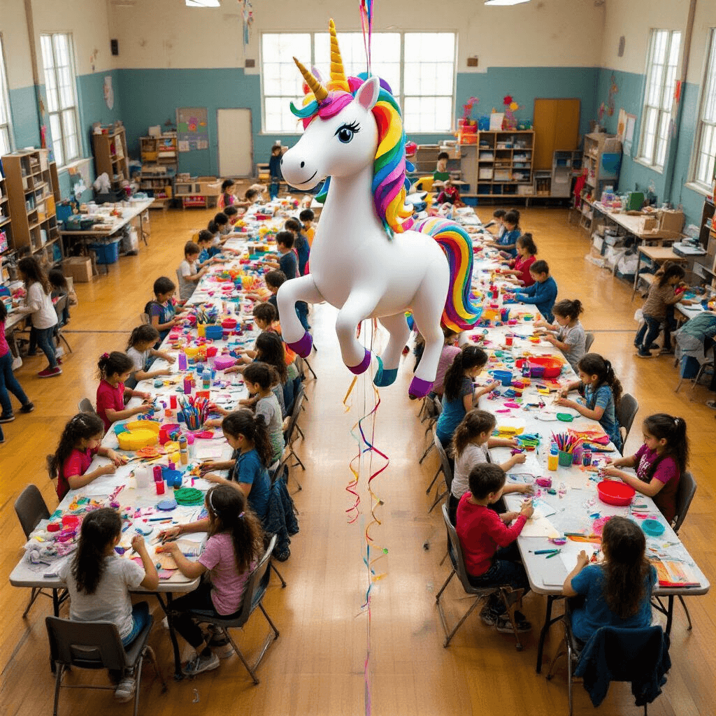 An overhead view of a vibrant elementary school gym transformed into a magical parade workshop, filled with students crafting colorful 3D paper balloons at long tables covered with diverse craft supplies. In the center, a whimsical unicorn balloon with a rainbow mane floats above, illuminated by soft lighting that highlights the creative atmosphere.