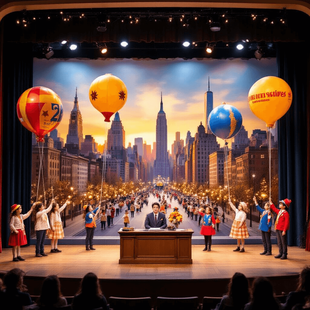 A vibrant school auditorium stage resembling a miniature Macy's Thanksgiving Day Parade, featuring colorful student-made balloons above, a painted NYC skyline backdrop in golden hour light, and young reporters at a news desk amid twinkling fairy lights and spotlights.