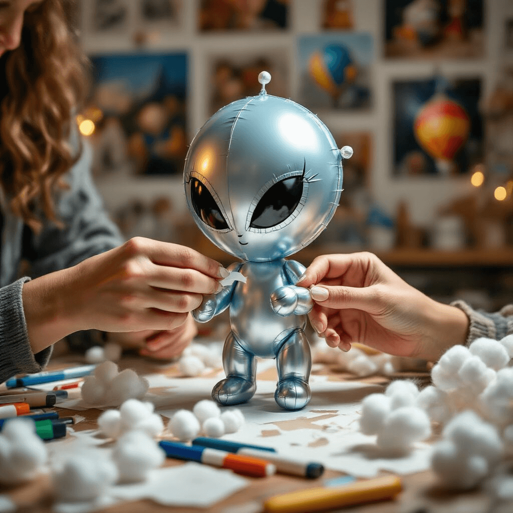 A close-up of hands meticulously crafting a balloon character, attaching delicate paper features to a shimmering silver balloon base, surrounded by various crafting materials and softly lit by warm light.