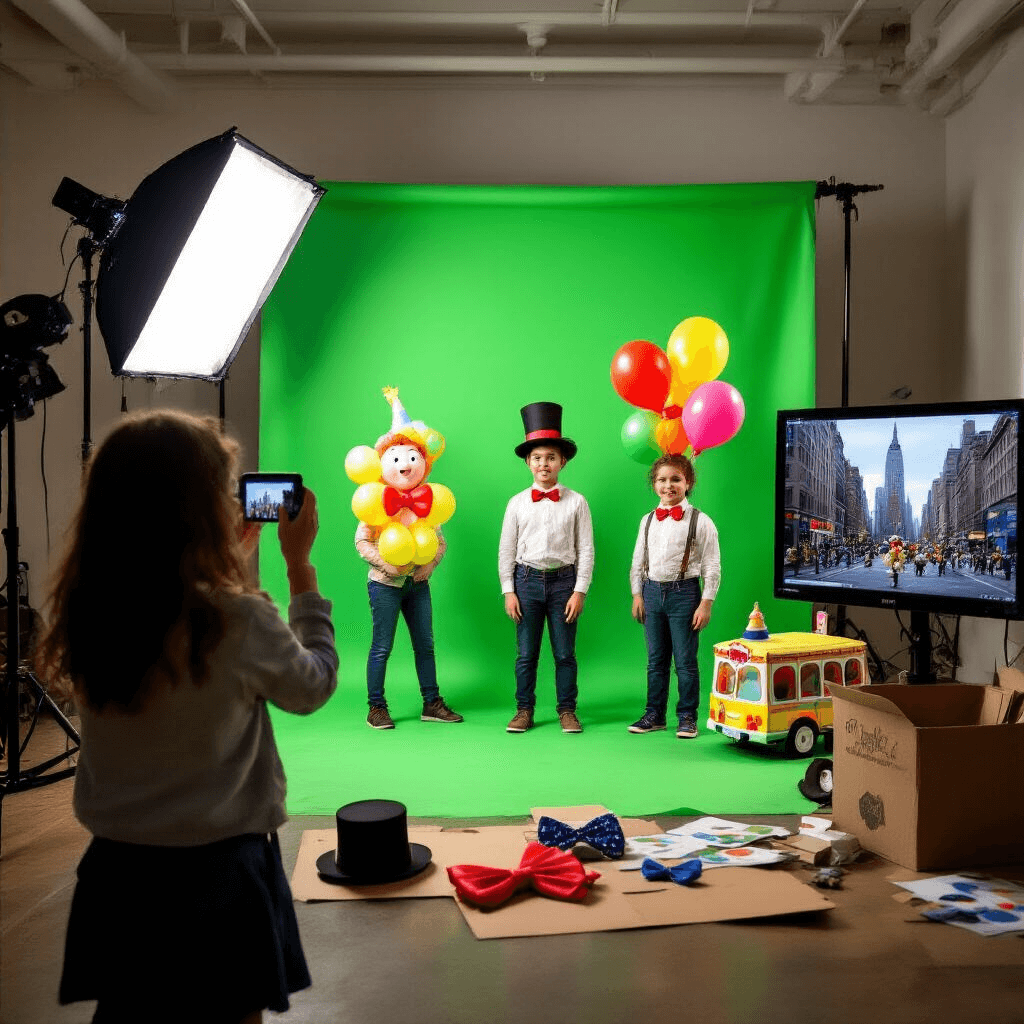 A vibrant green-screen photo shoot featuring students posing with colorful balloon creations, with a computer monitor displaying NYC street scenes overlaying their images and scattered props like top hats and bowties enriching the playful atmosphere.