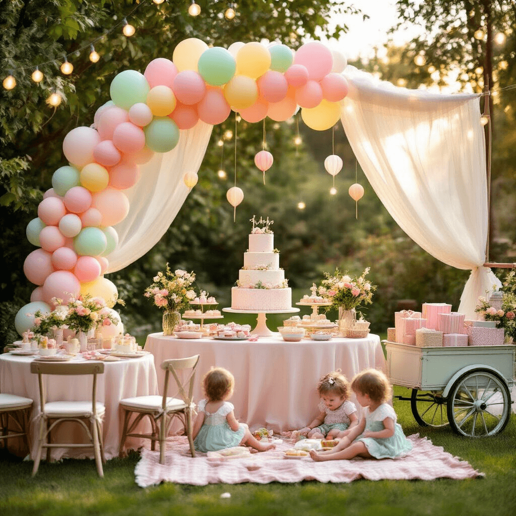 A whimsical backyard garden party for a 1st birthday, featuring a grand pastel balloon arch, a dessert table with a tiered cake and cupcakes, twinkling fairy lights, blush linen-draped tables with fresh flowers and hot air balloon centerpieces, and children playing on a picnic blanket by a vintage cart of presents, all bathed in a warm, golden hour glow.