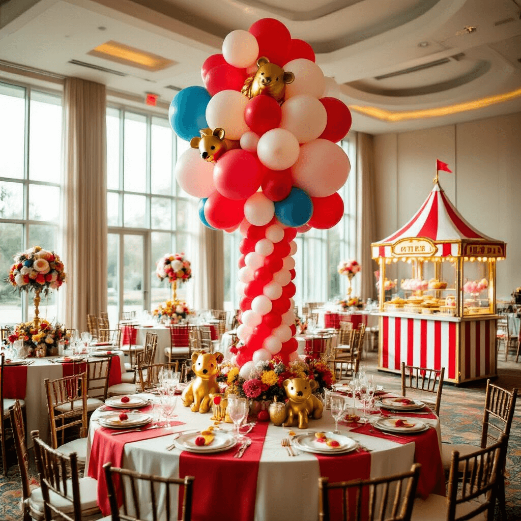 An elegant indoor ballroom decorated for a 1st birthday 'Circus Carnival' theme, featuring a towering balloon circus tent sculpture, red and white striped table linens, gold animal figurine centerpieces, a dessert station resembling a ticket booth, and soft afternoon light streaming through floor-to-ceiling windows.