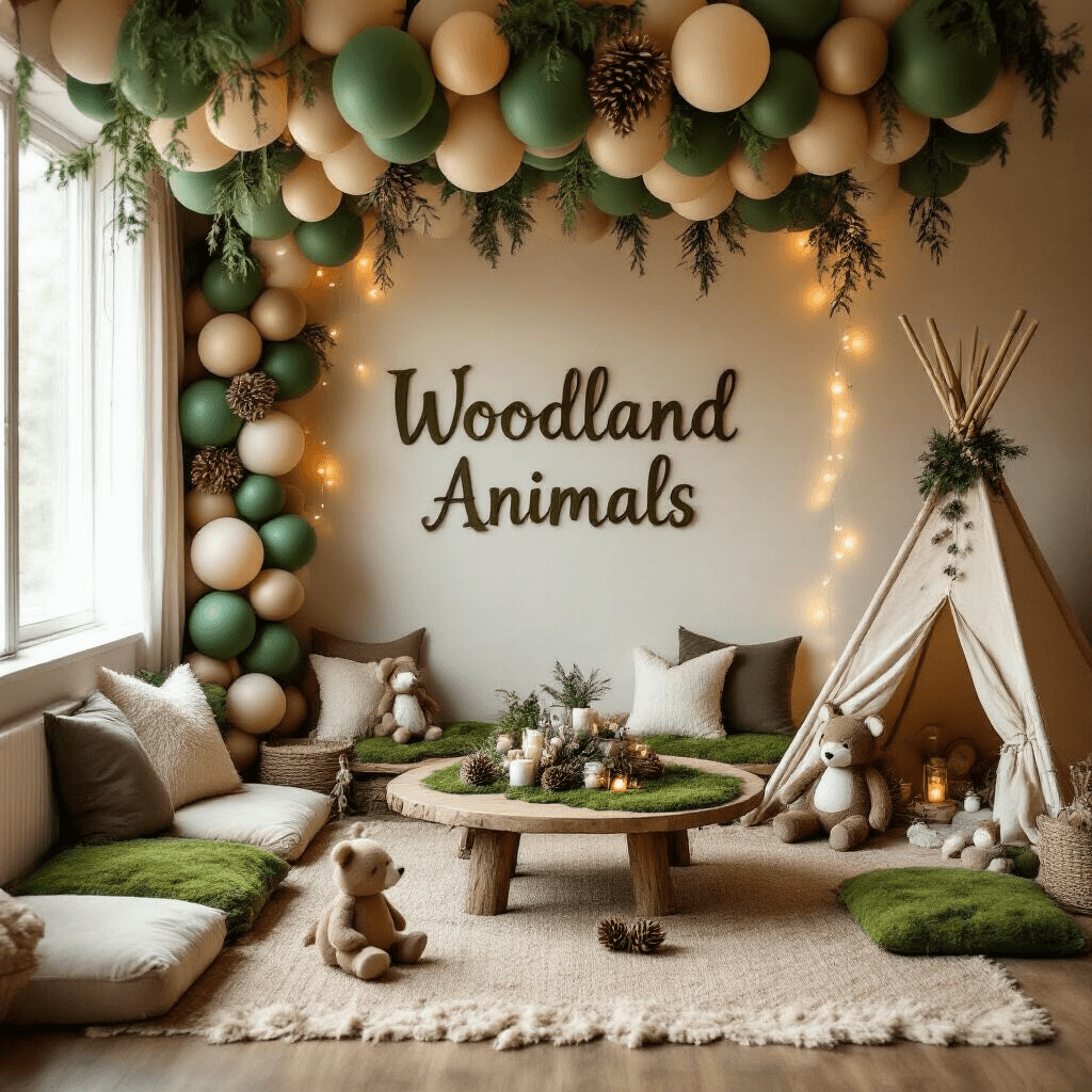 A cozy living room decorated for a 'Woodland Animals' 1st birthday, featuring a balloon garland resembling leaves, plush floor cushions around low tables with moss runners and woodland creature centerpieces, a fairy light-adorned teepee in the corner as a gift station, all captured in warm, diffused lighting.