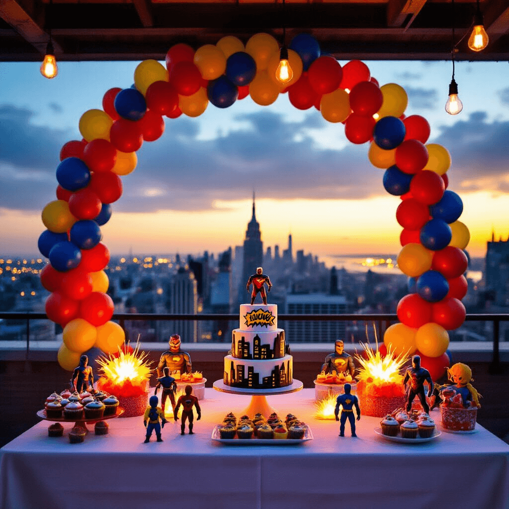 A rooftop terrace decorated for a 'Superhero Adventure' 1st birthday party at twilight, featuring a vibrant balloon arch in primary colors, comic book sound effect foil balloons, white linen-covered tables with action figure centerpieces, and a dessert table with a cityscape cake and themed cupcakes, all illuminated by Edison bulbs and the city skyline at sunset.