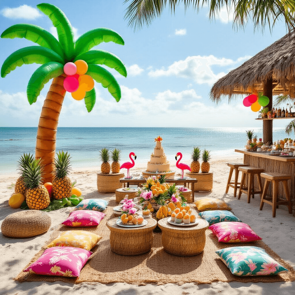 A vibrant beachfront scene for a tropical paradise 1st birthday celebration featuring a grand balloon palm tree entrance, low tables with colorful tropical cushions, centerpieces of pineapples and orchids, a tiki bar serving mocktails, and a dessert table with a sandcastle cake and seashell cookies, all under the bright midday sun.