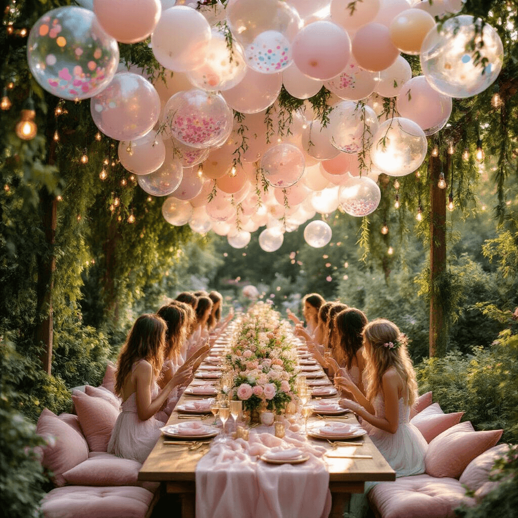 A whimsical garden party during golden hour with a long wooden table draped in blush pink and cream linens, surrounded by translucent bubble balloons filled with pastel confetti, fairy lights, and lush floral centerpieces, as guests mingle on plush velvet cushions while sipping champagne.