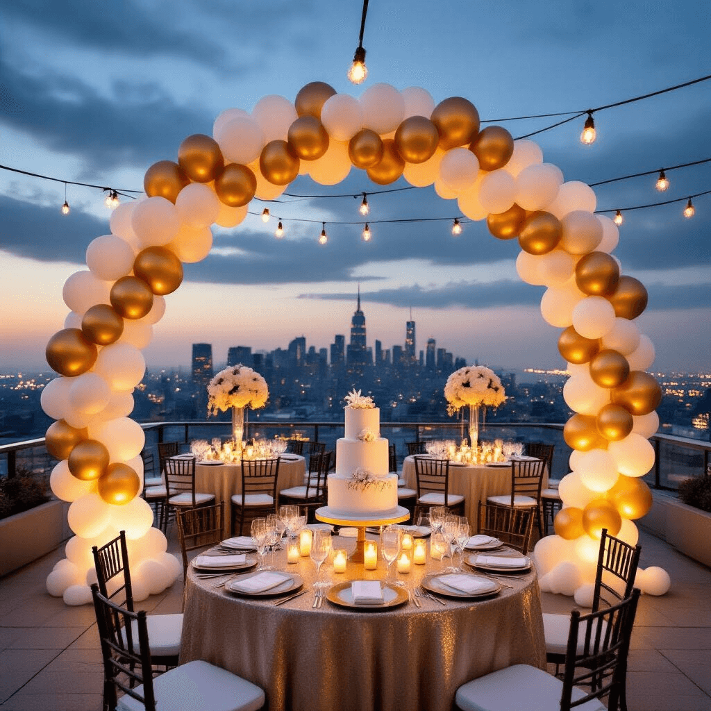 An elegant rooftop terrace wedding reception at twilight, featuring a dramatic ivory to deep gold balloon arch framing a city skyline, round tables with champagne linens and tall orchid centerpieces, and a tiered white cake with metallic leaf detailing, all illuminated by twinkling lights.