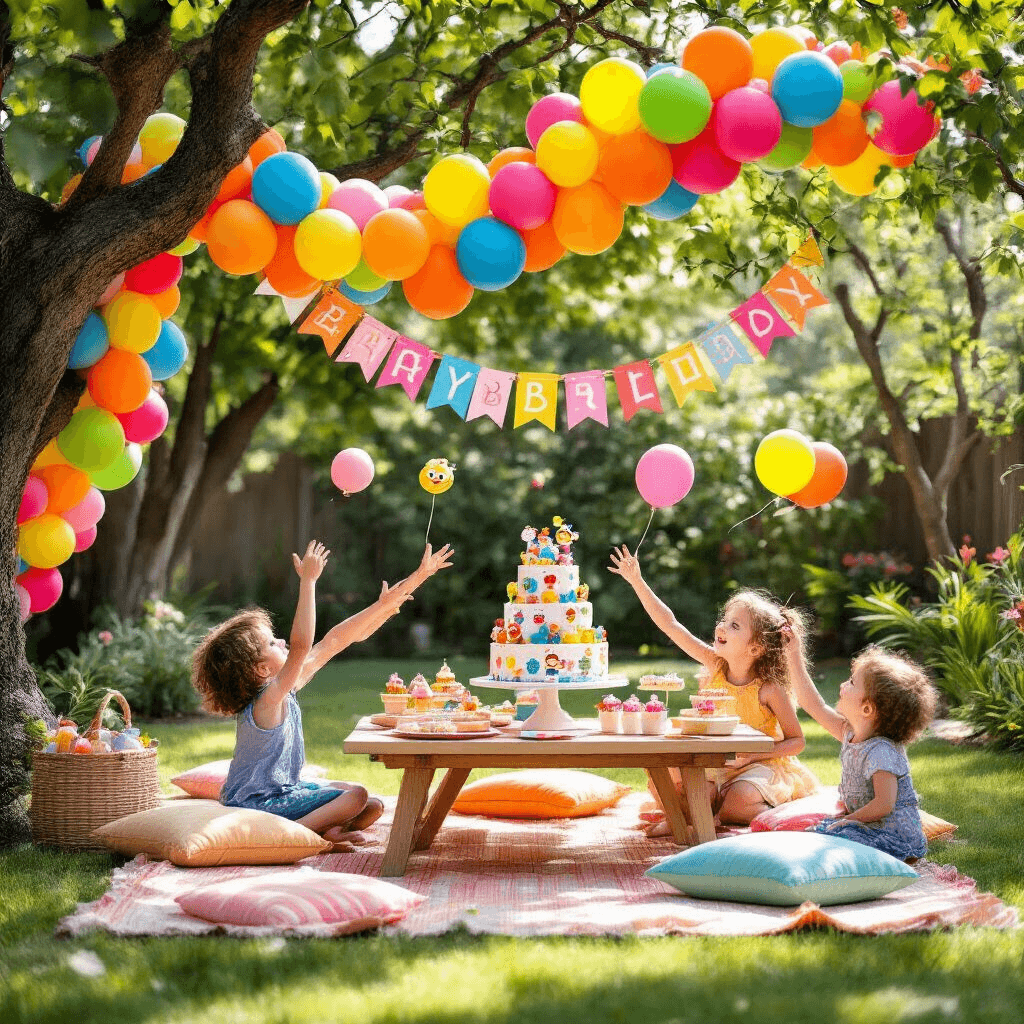 A colorful backyard birthday party with a vibrant balloon garland, picnic tables adorned with cushions, a dessert cart featuring a cartoon character cake and cupcakes, and children joyfully reaching for floating character balloons.