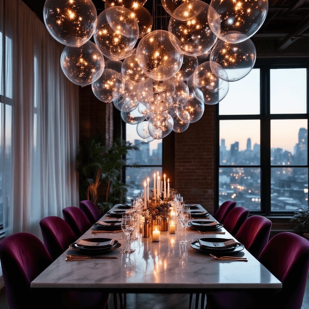 An intimate, candlelit dinner party in a stylish loft, featuring a marble dining table set with matte black plates and copper cutlery, surrounded by deep jewel-toned velvet chairs, with a stunning ceiling installation of clear bubble balloons filled with metallic confetti and LED lights casting a soft glow, all amidst the atmospheric backdrop of city lights visible through sheer-draped industrial windows.
