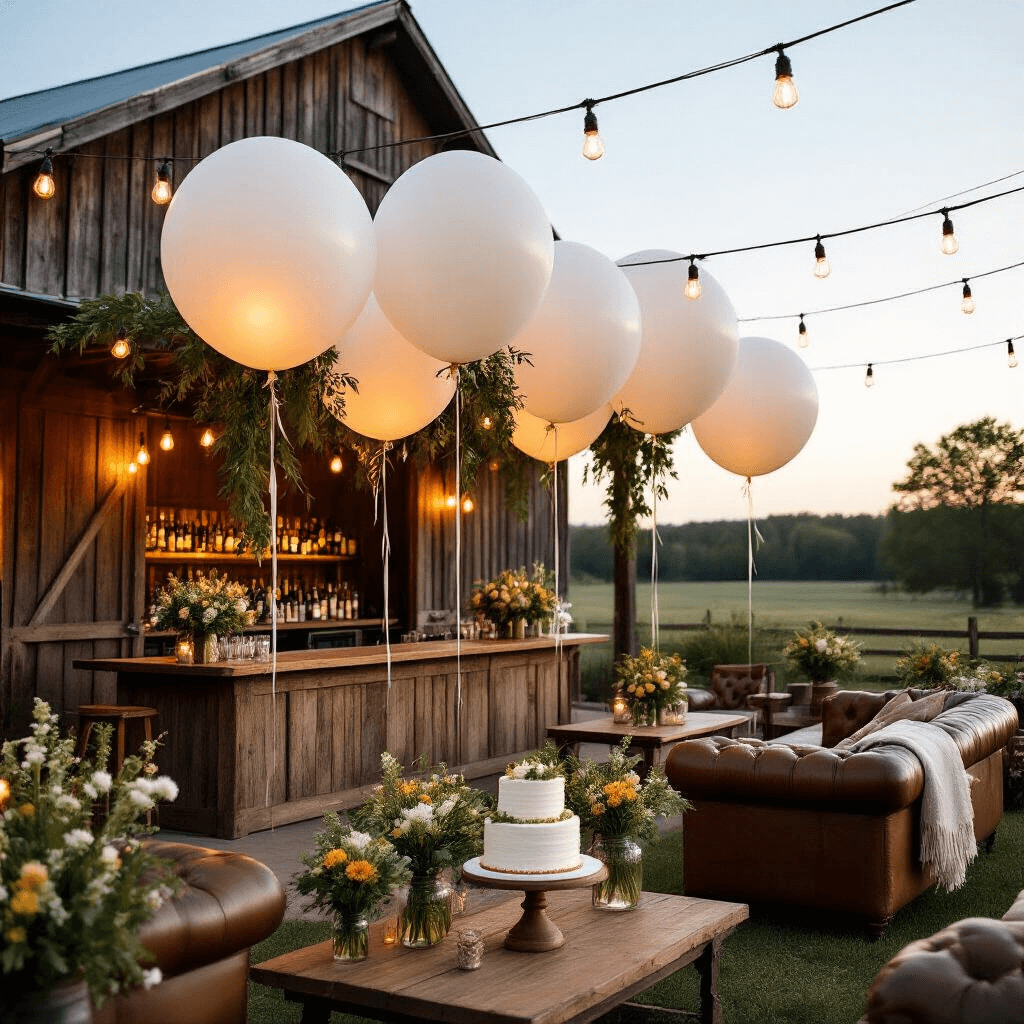 A cozy rustic-chic barn wedding cocktail hour at dusk, featuring oversized white balloons with greenery garlands above a handcrafted wooden bar and lounge area with vintage leather sofas, while Edison bulb string lights create a warm glow, and a dessert table displays a naked cake surrounded by wildflowers.