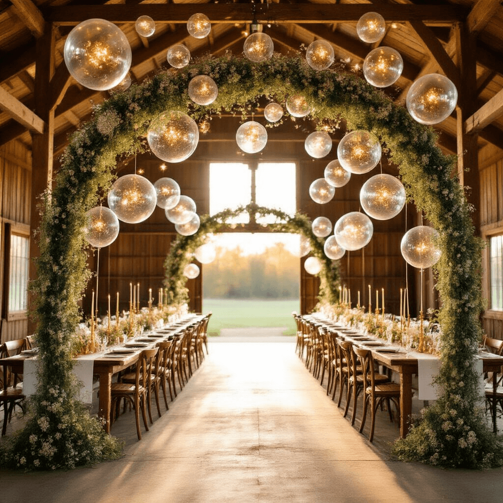 A beautifully decorated rustic barn wedding reception at golden hour, featuring a grand entrance arch with cascading bubble balloons filled with baby's breath and gold confetti, long farmhouse tables with white linens and brass candlesticks, and bubble balloons overhead with fairy lights, all illuminated by warm sunlight.