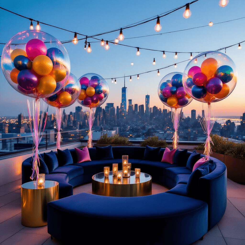 An elegant rooftop birthday celebration at dusk, featuring a circular velvet lounge area, towering bubble balloon bouquets with jewel-toned balloons, metallic gold cocktail tables, and soft uplighting, all set against a stunning city skyline.