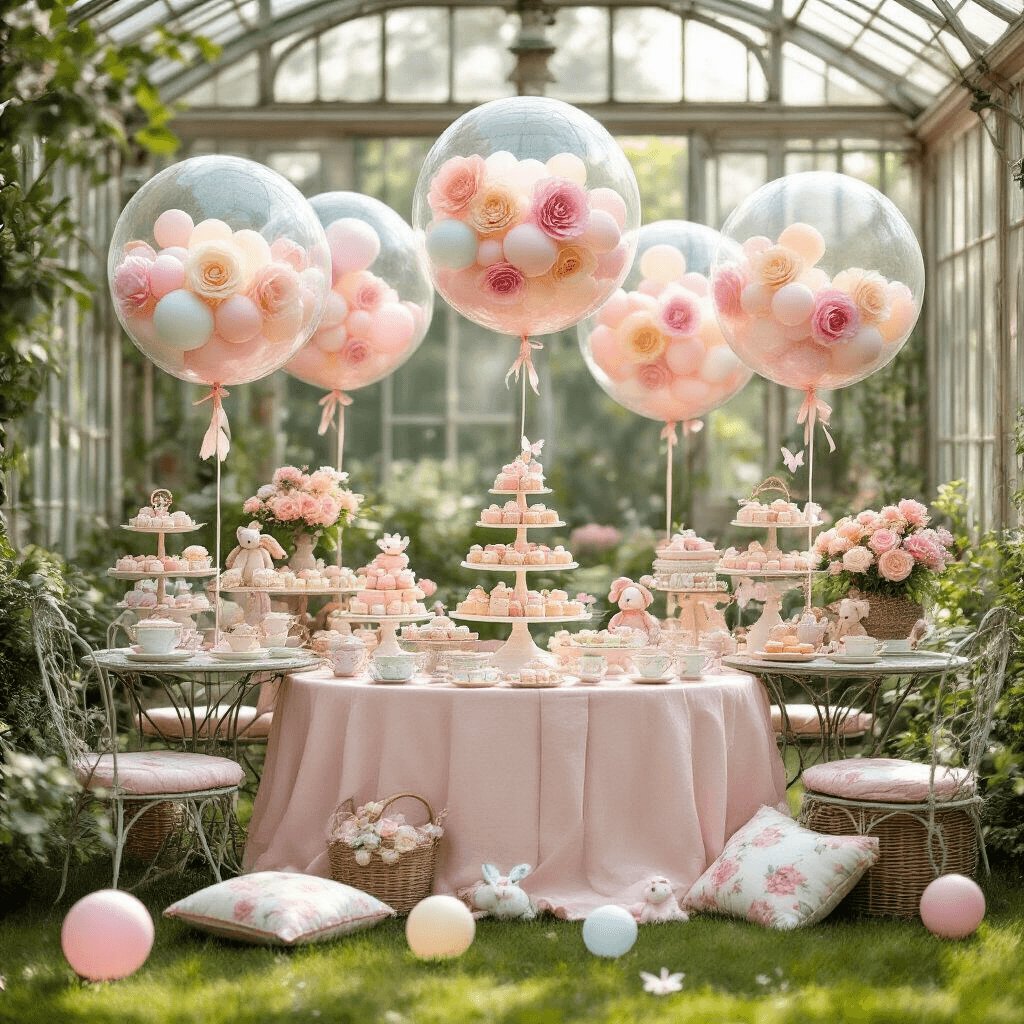 A whimsical garden baby shower featuring a vintage greenhouse with glass panels made of giant bubble balloons filled with pastel flowers and stuffed animals, wrought iron tables with blush linen topped with tiered cake stands of petits fours and macarons, bubble balloons scattered across the lawn, and butterfly-shaped topiary, all surrounded by delicate porcelain tea sets and floral-patterned cushions in soft morning light.