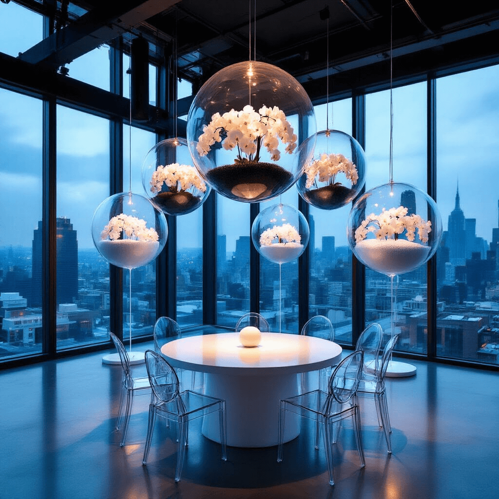 A modern corporate event in a sleek downtown loft featuring floor-to-ceiling windows with city views, a bubble balloon installation with clear spheres containing white orchids, black sand, and silver foil. Lucite ghost chairs surround white reflective tables, and a custom neon sign emits a cool blue glow.