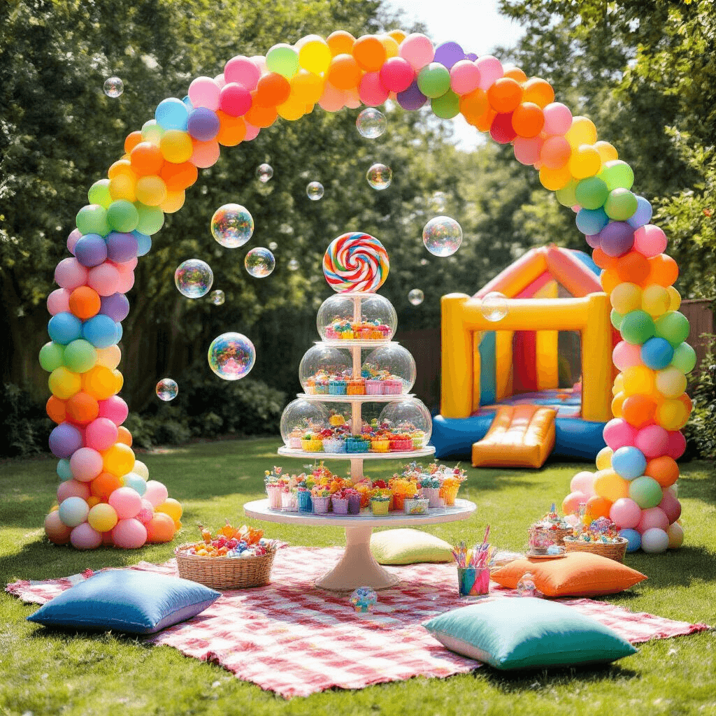 A vibrant backyard birthday party featuring a rainbow balloon arch, a candy-filled bubble balloon cake, colorful picnic blankets, bubble balloons with toys, a bounce house, and a face painting station.