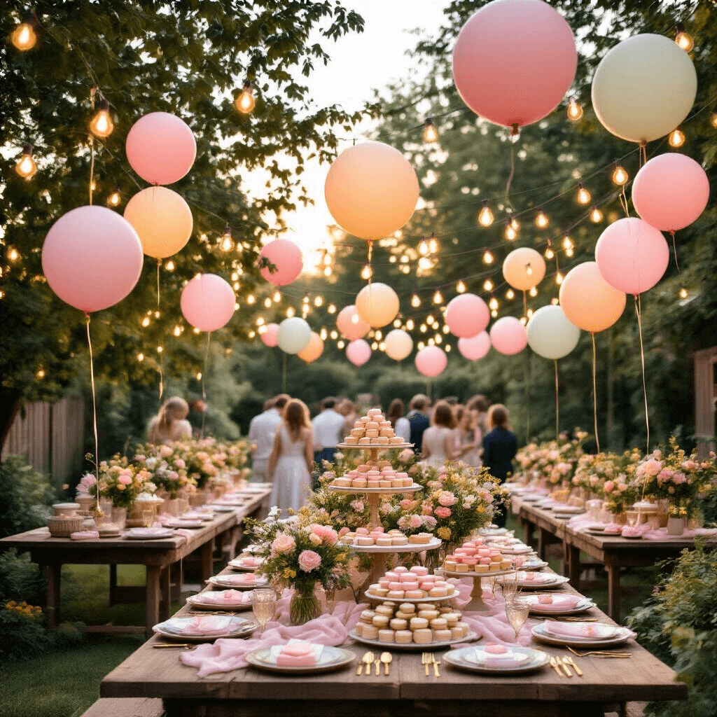 A whimsical garden party at golden hour featuring a lush backyard with string lights, pastel balloons, wooden farm tables with blush linens and wildflower centerpieces, a vintage dessert cart with macarons and cupcakes, all illuminated by soft, warm lighting.