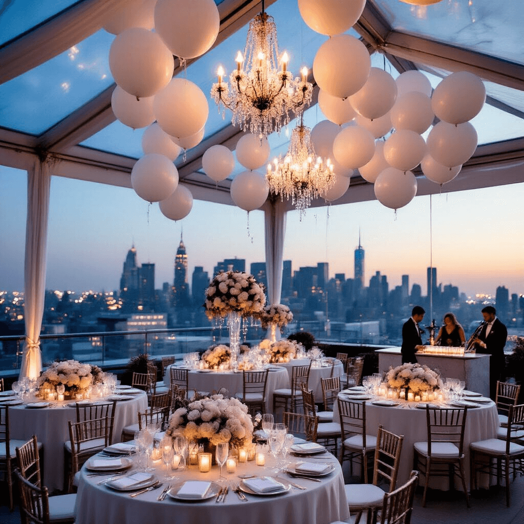 An elegant rooftop wedding reception at twilight with an urban skyline in the background, featuring a clear tent adorned with white and silver balloons, crystal chandeliers, ivory silk table settings, floral arrangements, mercury glass votives, a marble-topped bar serving champagne, and a string quartet playing in the corner.