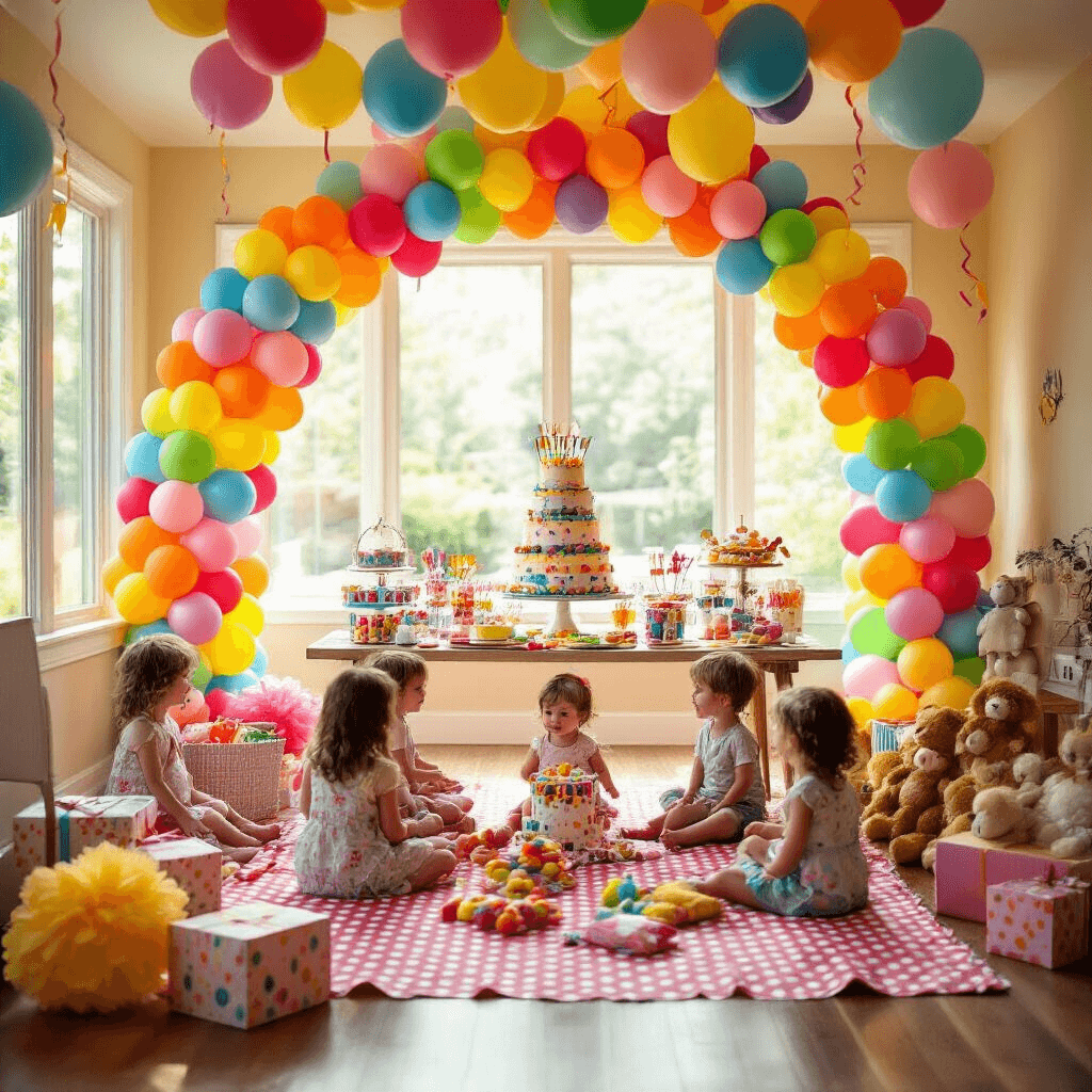 A lively children's birthday party in a sunlit living room, decorated with colorful balloons overhead, a dessert table with a tiered cake and candy jars, and kids playing on a picnic blanket surrounded by presents and stuffed animals, creating a joyful atmosphere.