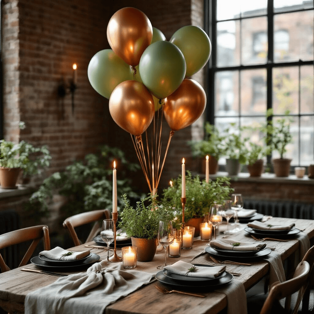An intimate candlelit dinner party in a cozy apartment featuring a rustic wooden table set for six, adorned with copper and sage green balloons, elegant place settings with matte black plates and delicate stemware, and candles illuminating the exposed brick wall, complemented by potted herbs as centerpieces.