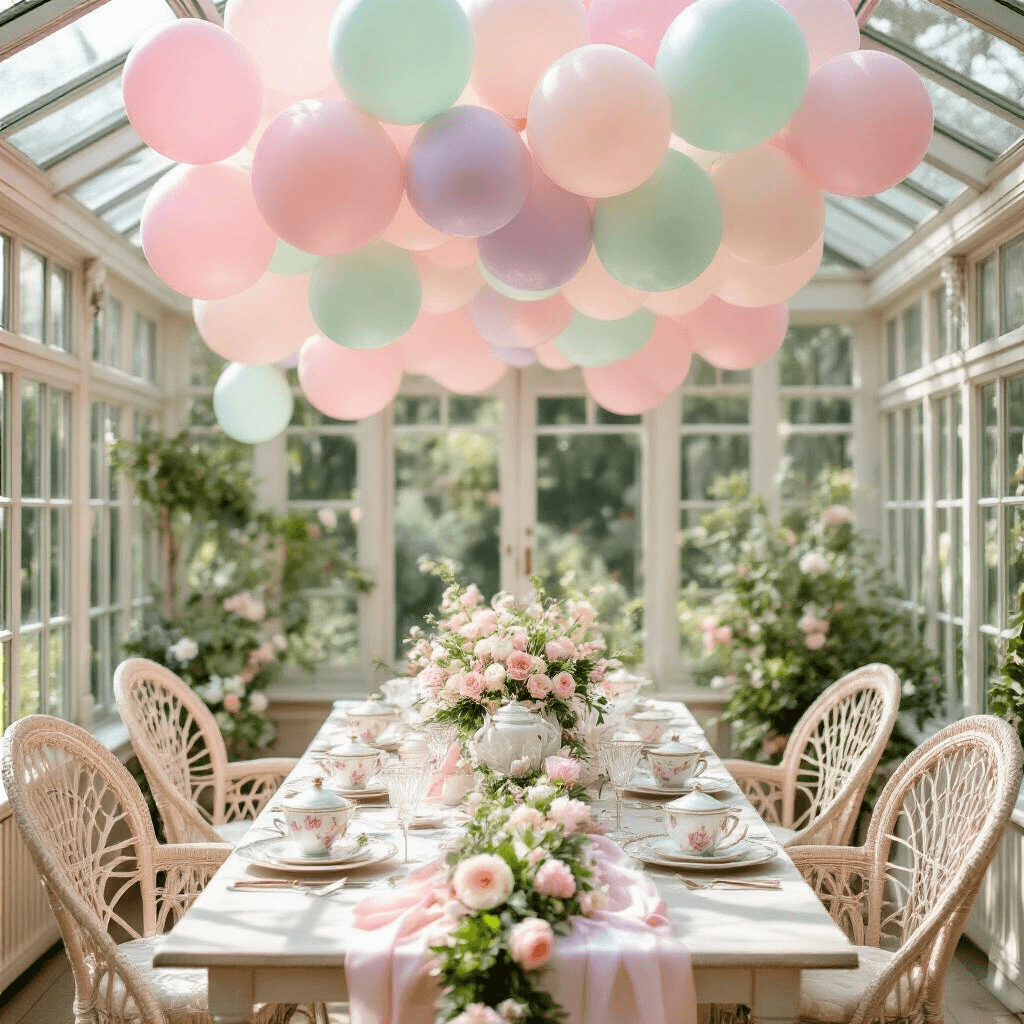 A dreamy baby shower brunch in a light-filled conservatory, featuring pastel balloons forming a cloud-like canopy above a vintage floral china table set with crystal glasses and silver teapots, accented by a balloon garland and fresh flowers, with wicker peacock chairs draped in silk ribbons, all bathed in warm sunlight for a fairytale-like ambiance.