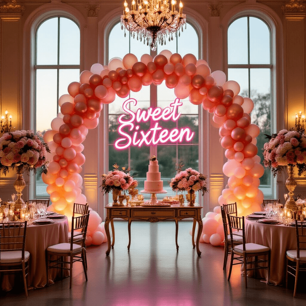A luxurious indoor ballroom set for a Sweet 16 celebration, featuring a grand ombré balloon arch, a decadent dessert table, silk champagne table linens, tall floral centerpieces, elegant chandeliers, and a glowing neon sign reading 'Sweet Sixteen'.