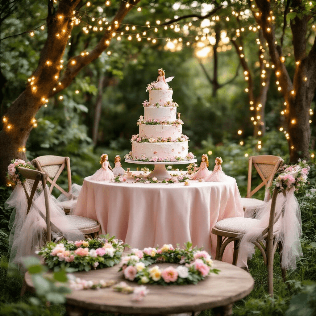 Magical Kids' Birthday Party Ideas for 2025: Unleash Imagination and Fun! A whimsical Fairy Garden Wonderland birthday party in a lush backyard at golden hour, featuring twinkling fairy lights, a rustic wooden table with a blush pink silk tablecloth, an elaborate tiered cake decorated with edible flowers and miniature fairies, mismatched vintage chairs with tulle and flower crowns, and a DIY flower crown station with pastel blooms, captured from a low angle with soft, dreamy lighting filtering through the trees.