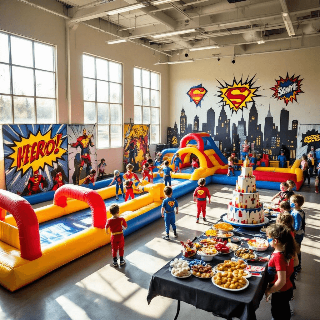 Magical Kids' Birthday Party Ideas for 2025: Unleash Imagination and Fun! An action-packed superhero training camp birthday celebration inside a spacious gym, featuring children in colorful costumes navigating an inflatable obstacle course, vibrant comic book backdrops, a buffet of themed snacks, and a towering city skyline cake, all illuminated by bright sunlight streaming through large windows.