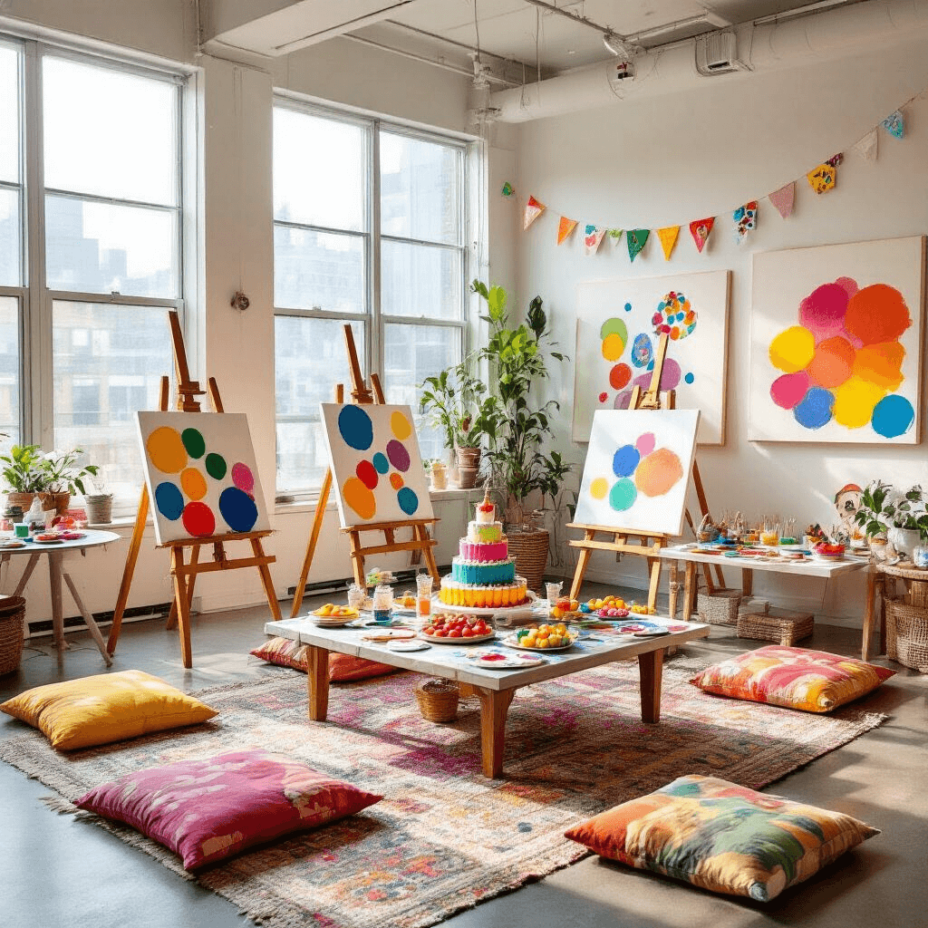 Magical Kids' Birthday Party Ideas for 2025: Unleash Imagination and Fun! A cozy indoor art party in a modern apartment with floor-to-ceiling windows, featuring colorful floor cushions around low tables with easels and vibrant paints. Oversized blank canvases and children's artwork decorate the walls. A central whimsical cake mimics a paint palette, surrounded by color-coordinated cupcakes and fruit platters. Young guests engage in joyful creativity, captured from a slight overhead angle.