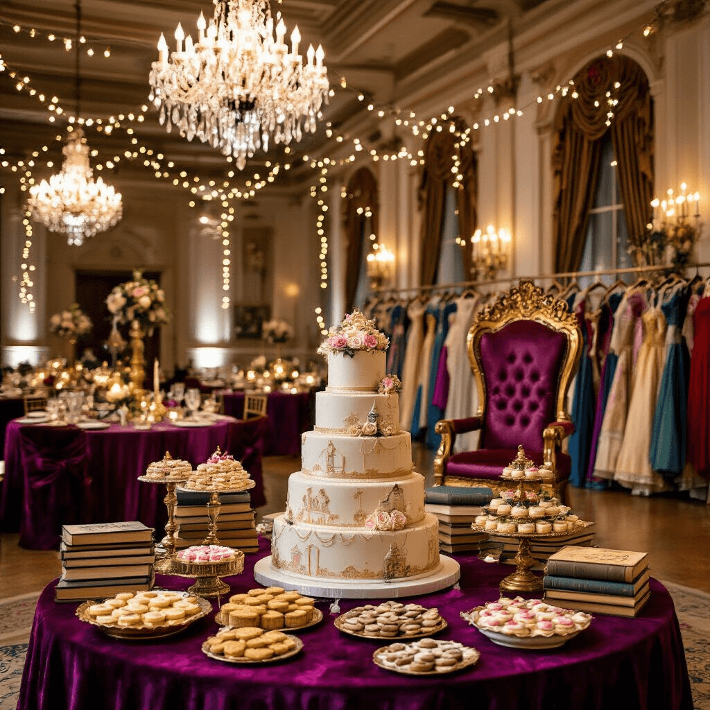 Magical Kids' Birthday Party Ideas for 2025: Unleash Imagination and Fun! A grand Storybook Adventure themed party in an elegant ballroom, featuring crystal chandeliers, warm fairy lights, rich velvet tablecloths, vintage book centerpieces, a multi-tiered storybook cake, character-themed desserts, a majestic throne, and costume racks, all illuminated in a magical atmosphere.