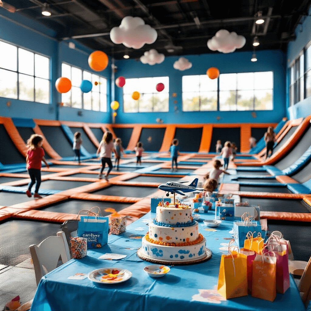 A wide-angle view of an Urban Air trampoline park during a birthday party, featuring colorful trampolines with children jumping, illuminated by soft afternoon light from large windows. In the foreground, a decorated party area with a sky-blue tablecloth, cloud-shaped balloons, and a tiered birthday cake with an airplane topper.